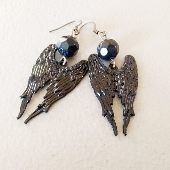 Black Angel Wings - Patina Painted Dangle Earrings - Big Black Wing Earrings - Picture 1 of 8